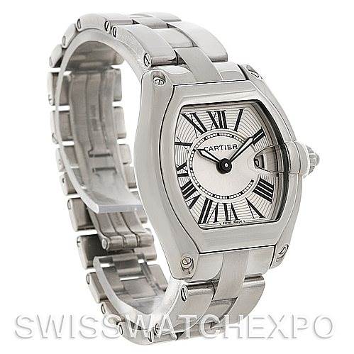 This image displays a Cartier Roadster W62016V3 Women
s Stainless Steel Silver Dial W62016V3 Women
s Stainless Steel Silver Dial watch at a three-quarter angle, showcasing the face, bezel, and bracelet.