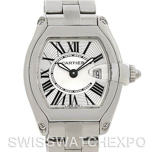 A front view of the Cartier Roadster W62016V3 Women
s Stainless Steel Silver Dial W62016V3 Women
s Stainless Steel Silver Dial watch, showing its dial, Roman numerals, hands, date window, and part of its metal bracelet.