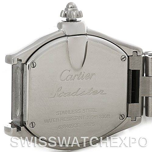 This image shows the back case and crown of a Cartier Roadster W62016V3 Women
s Stainless Steel Silver Dial W62016V3 Women
s Stainless Steel Silver Dial watch, highlighting its stainless steel construction and water resistance.
