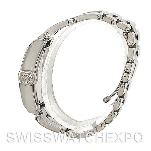 The image shows a side view of a Cartier Roadster W62016V3 Women
s Stainless Steel Silver Dial W62016V3 Women
s Stainless Steel Silver Dial watch, focusing on the crown, case side, and part of the bracelet.