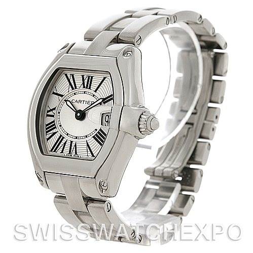 The image shows a Cartier Roadster W62016V3 Women
s Stainless Steel Silver Dial W62016V3 Women
s Stainless Steel Silver Dial watch at a three-quarter angle, highlighting its dial, crown, and stainless steel bracelet.