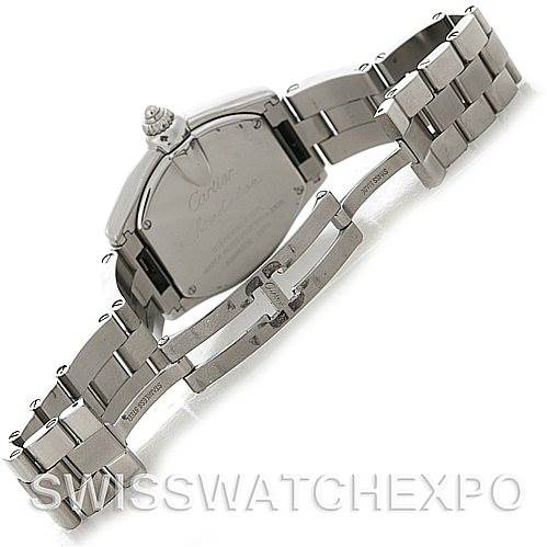 The image shows the back case and metal bracelet of a Cartier Roadster W62016V3 Women
s Stainless Steel Silver Dial W62016V3 Women
s Stainless Steel Silver Dial watch from a diagonal angle.