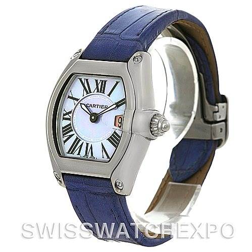 This image shows the Cartier Roadster W6206007 Women's Stainless Steel Mother of Pearl Dial W6206007 Women's Stainless Steel Mother of Pearl Dial watch at a three-quarter angle, highlighting its dial, case, and blue strap.