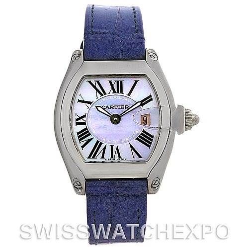 The image shows a front view of a Cartier Roadster W6206007 Women's Stainless Steel Mother of Pearl Dial W6206007 Women's Stainless Steel Mother of Pearl Dial watch, featuring a blue leather strap, Roman numerals, and date display.