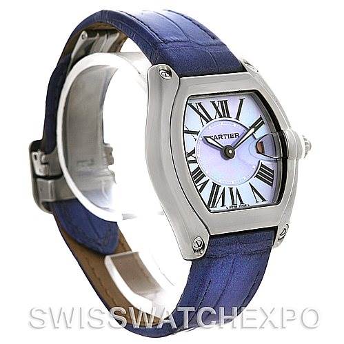 This image shows a Cartier Roadster W6206007 Women's Stainless Steel Mother of Pearl Dial W6206007 Women's Stainless Steel Mother of Pearl Dial watch at a three-quarter angle, displaying the face, crown, case, and part of the strap.