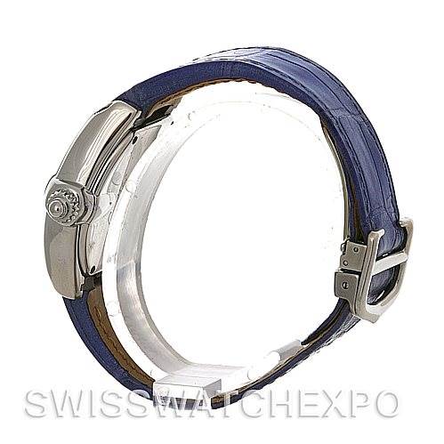 This image shows a side profile view of a Cartier Roadster W6206007 Women's Stainless Steel Mother of Pearl Dial W6206007 Women's Stainless Steel Mother of Pearl Dial watch, highlighting its case, crown, and strap with a buckle.