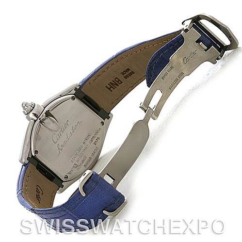 The image shows the back and partially opened clasp of a Cartier Roadster W6206007 Women's Stainless Steel Mother of Pearl Dial W6206007 Women's Stainless Steel Mother of Pearl Dial watch, displaying its leather strap and case back.