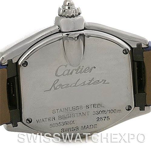 The image shows the back case of the Cartier Roadster W6206007 Women's Stainless Steel Mother of Pearl Dial W6206007 Women's Stainless Steel Mother of Pearl Dial watch, highlighting the model name, material, water resistance, and Swiss origin.