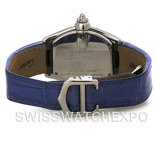 The image shows the back view of a Cartier Roadster W6206007 Women's Stainless Steel Mother of Pearl Dial W6206007 Women's Stainless Steel Mother of Pearl Dial watch with a blue leather strap and a stainless steel deployment clasp.