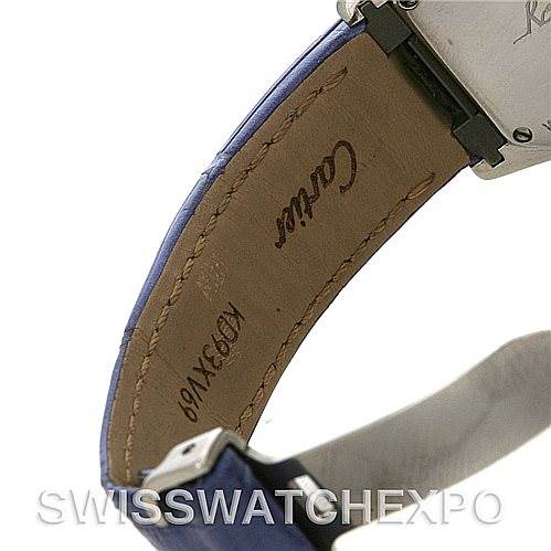 This image shows the side view of the strap and clasp of a Cartier Roadster W6206007 Women's Stainless Steel Mother of Pearl Dial W6206007 Women's Stainless Steel Mother of Pearl Dial watch, highlighting the leather band and branding.