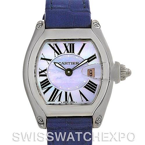 The Cartier Roadster W6206007 Women's Stainless Steel Mother of Pearl Dial W6206007 Women's Stainless Steel Mother of Pearl Dial watch is shown from the front, displaying its face, Roman numerals, and blue strap.