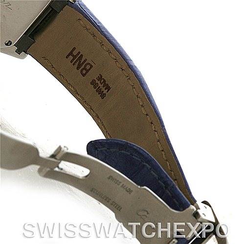 This image shows the underside of the leather strap and clasp of a Cartier Roadster W6206007 Women's Stainless Steel Mother of Pearl Dial W6206007 Women's Stainless Steel Mother of Pearl Dial watch at an angled view.