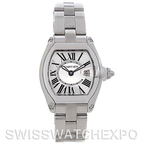 This image shows a front view of the Cartier Roadster W62016V3 Women
s Stainless Steel Silver Dial W62016V3 Women
s Stainless Steel Silver Dial watch, displaying the face, bracelet, and the winder at the right.