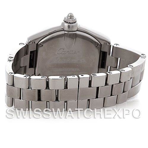 The image shows the back view of the stainless steel bracelet and case of a Cartier Roadster W62016V3 Women
s Stainless Steel Silver Dial W62016V3 Women
s Stainless Steel Silver Dial watch.