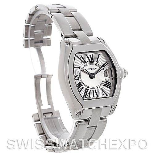 This image shows a side angle of a Cartier Roadster W62016V3 Women
s Stainless Steel Silver Dial W62016V3 Women
s Stainless Steel Silver Dial watch, highlighting the bracelet, case, and crown.