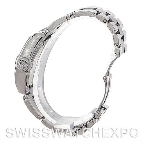 This image shows a side profile view of a Cartier Roadster W62016V3 Women
s Stainless Steel Silver Dial W62016V3 Women
s Stainless Steel Silver Dial watch, highlighting its case, crown, and bracelet.