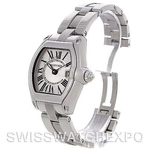 The image shows a Cartier Roadster W62016V3 Women
s Stainless Steel Silver Dial W62016V3 Women
s Stainless Steel Silver Dial watch at a slightly angled side view, displaying the face, crown, and part of the bracelet.