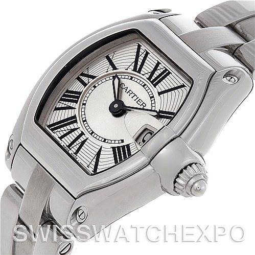 This image shows a close-up of the Cartier Roadster W62016V3 Women
s Stainless Steel Silver Dial W62016V3 Women
s Stainless Steel Silver Dial watch, highlighting the dial, bezel, crown, and part of the bracelet.