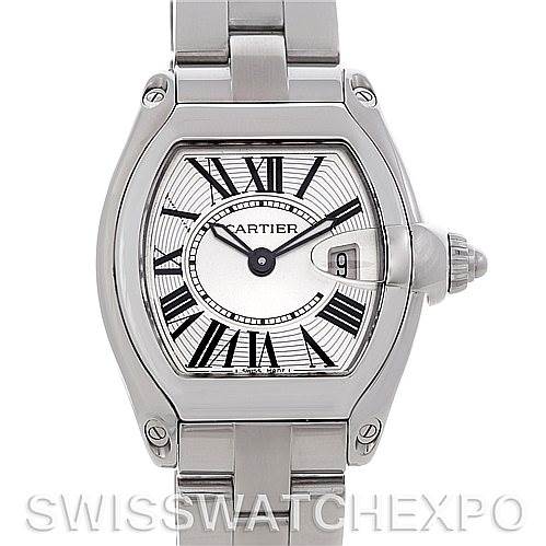 This image shows a Cartier Roadster W62016V3 Women
s Stainless Steel Silver Dial W62016V3 Women
s Stainless Steel Silver Dial watch from a front angle, highlighting the face, bezel, crown, and part of the bracelet.