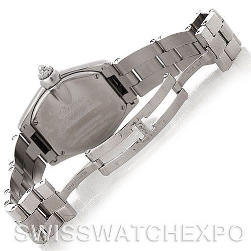 This image shows the back case and bracelet of a Cartier Roadster W62016V3 Women
s Stainless Steel Silver Dial W62016V3 Women
s Stainless Steel Silver Dial watch, highlighting its stainless steel components.