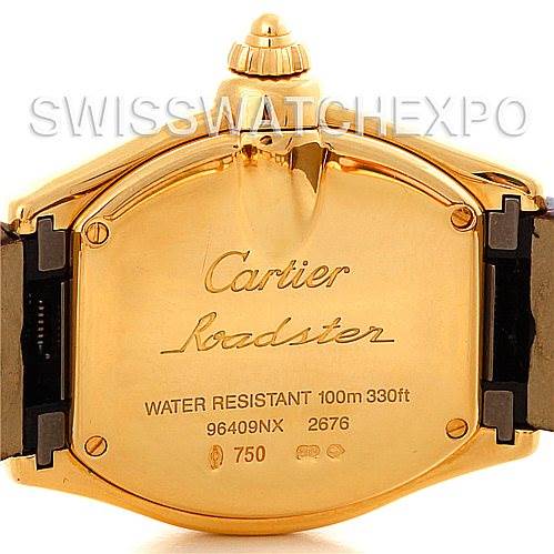 This image shows the backside of a Cartier Roadster W62018Y5 Women's Yellow Gold Silver Dial W62018Y5 Women's Yellow Gold Silver Dial watch, featuring the case back with inscriptions and the attached watch straps.
