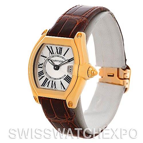 The image shows a Cartier Roadster W62018Y5 Women's Yellow Gold Silver Dial W62018Y5 Women's Yellow Gold Silver Dial watch from a front angled view, highlighting its face, Roman numeral dial, case, and leather strap.
