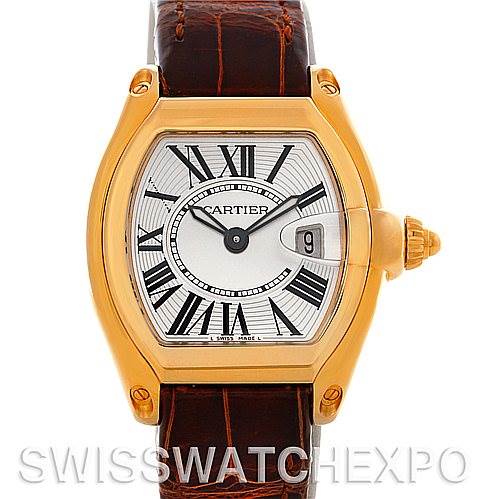 The Cartier Roadster W62018Y5 Women's Yellow Gold Silver Dial W62018Y5 Women's Yellow Gold Silver Dial model watch is shown from the front, displaying the dial, case, crown, and leather strap.