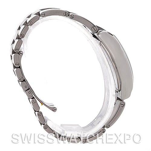 The image shows a side view of the Cartier Roadster W62016V3 Women
s Stainless Steel Silver Dial W62016V3 Women
s Stainless Steel Silver Dial watch, featuring its bracelet and case.