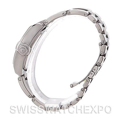 The image shows a side view of a Cartier Roadster W62016V3 Women
s Stainless Steel Silver Dial W62016V3 Women
s Stainless Steel Silver Dial watch, highlighting the body, crown, and metal bracelet.