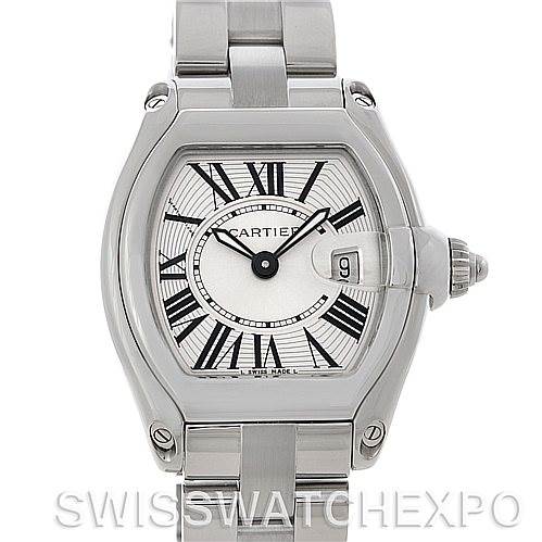 The image shows a front view of a Cartier Roadster W62016V3 Women
s Stainless Steel Silver Dial W62016V3 Women
s Stainless Steel Silver Dial watch displaying its face, bezel, bracelet, and date indicator.