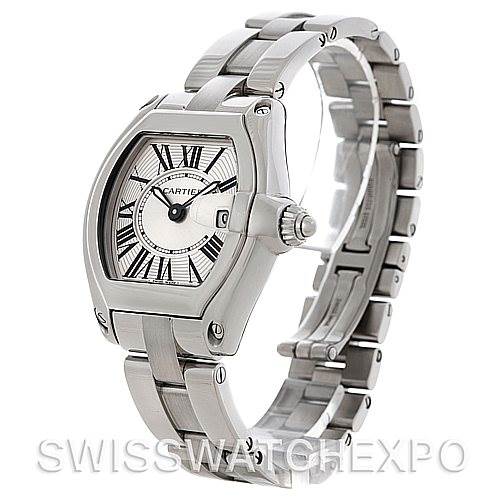 The image shows a Cartier Roadster W62016V3 Women
s Stainless Steel Silver Dial W62016V3 Women
s Stainless Steel Silver Dial watch from an angled side view, displaying its face and metal bracelet.