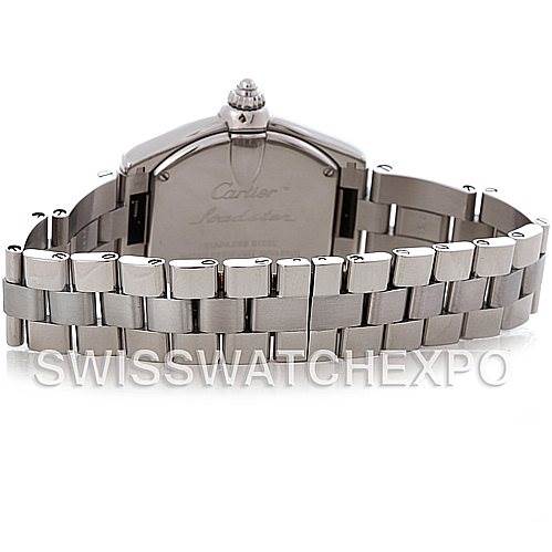 The image shows the back view of the Roadster model by Cartier, highlighting the case and metal bracelet.
