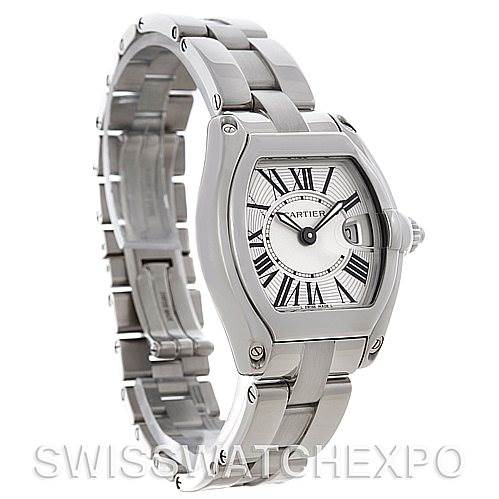 The image shows a Cartier Roadster W62016V3 Women
s Stainless Steel Silver Dial W62016V3 Women
s Stainless Steel Silver Dial watch from a three-quarter angle displaying the dial, bezel, crown, and bracelet.