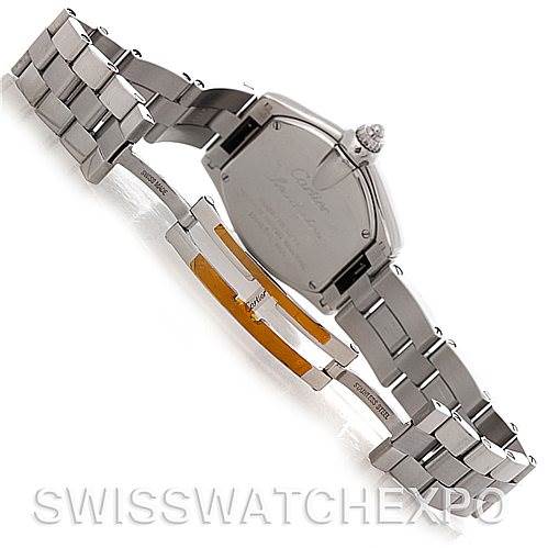 The image shows the back and the clasp of a Cartier Roadster W62016V3 Women
s Stainless Steel Silver Dial W62016V3 Women
s Stainless Steel Silver Dial watch, highlighting the bracelet and deployment clasp.