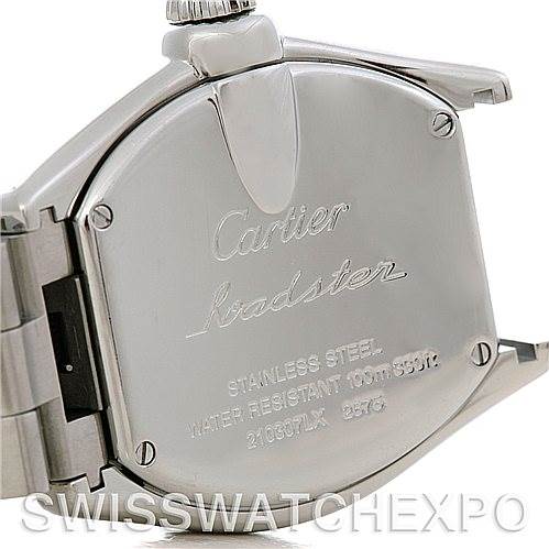 The image shows the back case and crown of a Cartier Roadster W62016V3 Women's Stainless Steel Silver Dial W62016V3 Women's Stainless Steel Silver Dial watch, highlighting its stainless steel body and water resistance details.