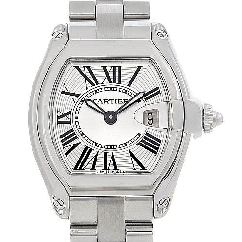 This Cartier Roadster W62016V3 Women's Stainless Steel Silver Dial W62016V3 Women's Stainless Steel Silver Dial watch is shown from a top-down angle, highlighting the face, bezel, bracelet, and crown.