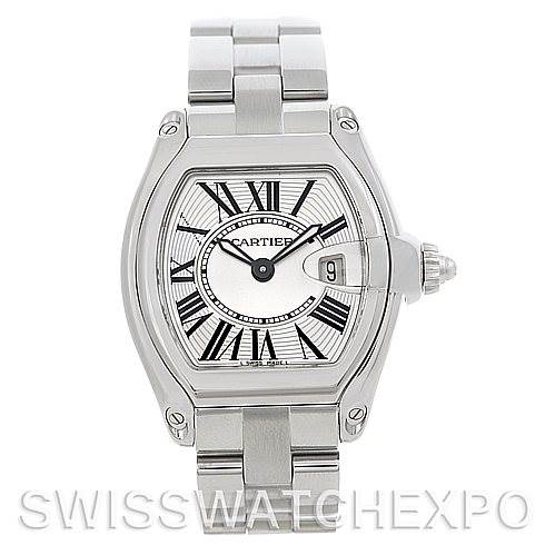 This image shows a frontal view of a Cartier Roadster W62016V3 Women's Stainless Steel Silver Dial W62016V3 Women's Stainless Steel Silver Dial watch, highlighting its round dial, Roman numerals, and metal band.