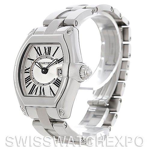 The image shows the Cartier Roadster W62016V3 Women's Stainless Steel Silver Dial W62016V3 Women's Stainless Steel Silver Dial watch from an angled side view, highlighting the face, bezel, crown, and part of the bracelet.