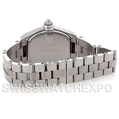 This image shows the back and bracelet of a Cartier Roadster W62016V3 Women's Stainless Steel Silver Dial W62016V3 Women's Stainless Steel Silver Dial watch, featuring the clasp and the casing.