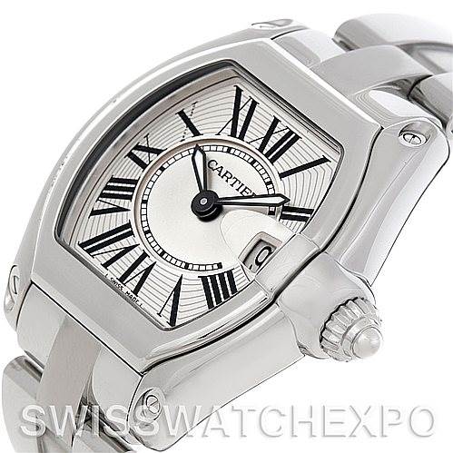 This image shows a close-up angle of the Cartier Roadster W62016V3 Women's Stainless Steel Silver Dial W62016V3 Women's Stainless Steel Silver Dial watch, highlighting its bezel, crown, and Roman numeral dial.