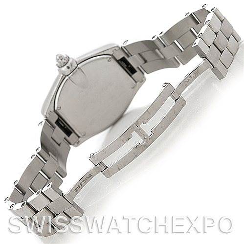 This image shows the back and clasp of a Cartier Roadster W62016V3 Women's Stainless Steel Silver Dial W62016V3 Women's Stainless Steel Silver Dial watch, highlighting its metal bracelet.