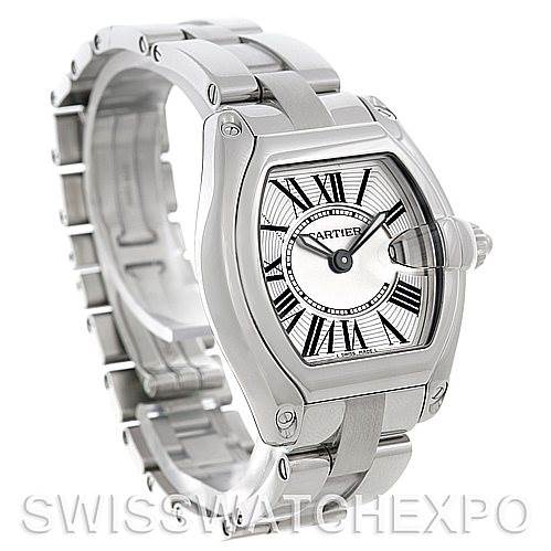This image shows a Cartier Roadster W62016V3 Women's Stainless Steel Silver Dial W62016V3 Women's Stainless Steel Silver Dial model watch at a 3/4 angle, highlighting its stainless steel case, bracelet, and Roman numeral dial.