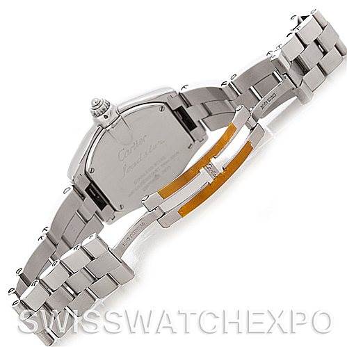 The image shows the back and bracelet of a Cartier Roadster W62016V3 Women
s Stainless Steel Silver Dial W62016V3 Women
s Stainless Steel Silver Dial watch with an open clasp.