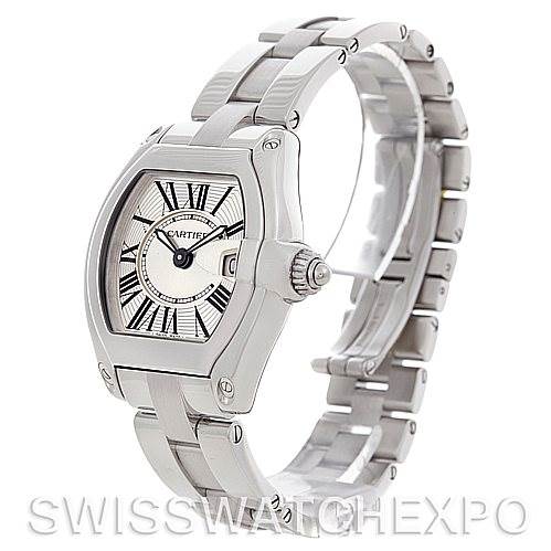 The image shows a Cartier Roadster W62016V3 Women
s Stainless Steel Silver Dial W62016V3 Women
s Stainless Steel Silver Dial watch from a front-angle view displaying the face, bezel, and stainless steel bracelet.