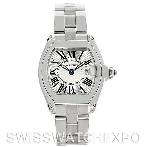The image shows a frontal view of a Cartier Roadster W62016V3 Women
s Stainless Steel Silver Dial W62016V3 Women
s Stainless Steel Silver Dial model watch.