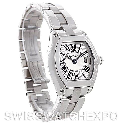 This image shows a Cartier Roadster W62016V3 Women
s Stainless Steel Silver Dial W62016V3 Women
s Stainless Steel Silver Dial watch at a three-quarter angle, highlighting its face, bezel, and bracelet.