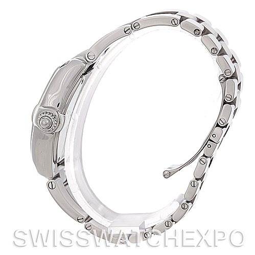 The image shows a side view of the Cartier Roadster W62016V3 Women
s Stainless Steel Silver Dial W62016V3 Women
s Stainless Steel Silver Dial watch, highlighting the crown and part of the metal bracelet.