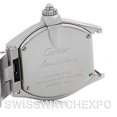 This image shows the back case of a Cartier Roadster W62016V3 Women
s Stainless Steel Silver Dial W62016V3 Women
s Stainless Steel Silver Dial watch, detailing its stainless steel build and water resistance.