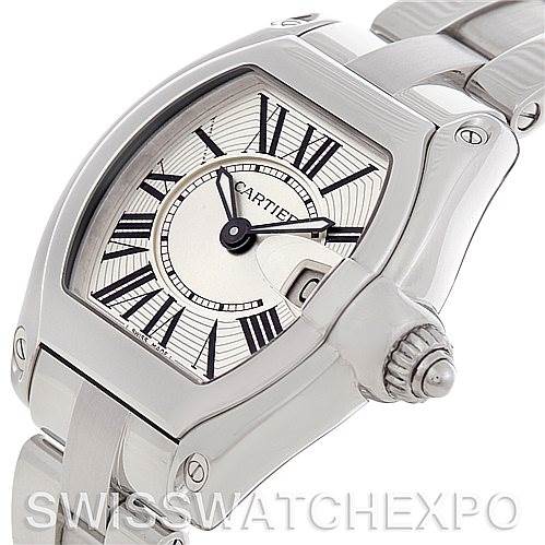This image shows a Cartier Roadster W62016V3 Women
s Stainless Steel Silver Dial W62016V3 Women
s Stainless Steel Silver Dial watch from an angled view highlighting the face, case, and bracelet.