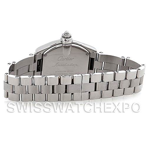 This image shows the back view of a Cartier Roadster W62016V3 Women
s Stainless Steel Silver Dial W62016V3 Women
s Stainless Steel Silver Dial watch, highlighting the case back and stainless steel bracelet.